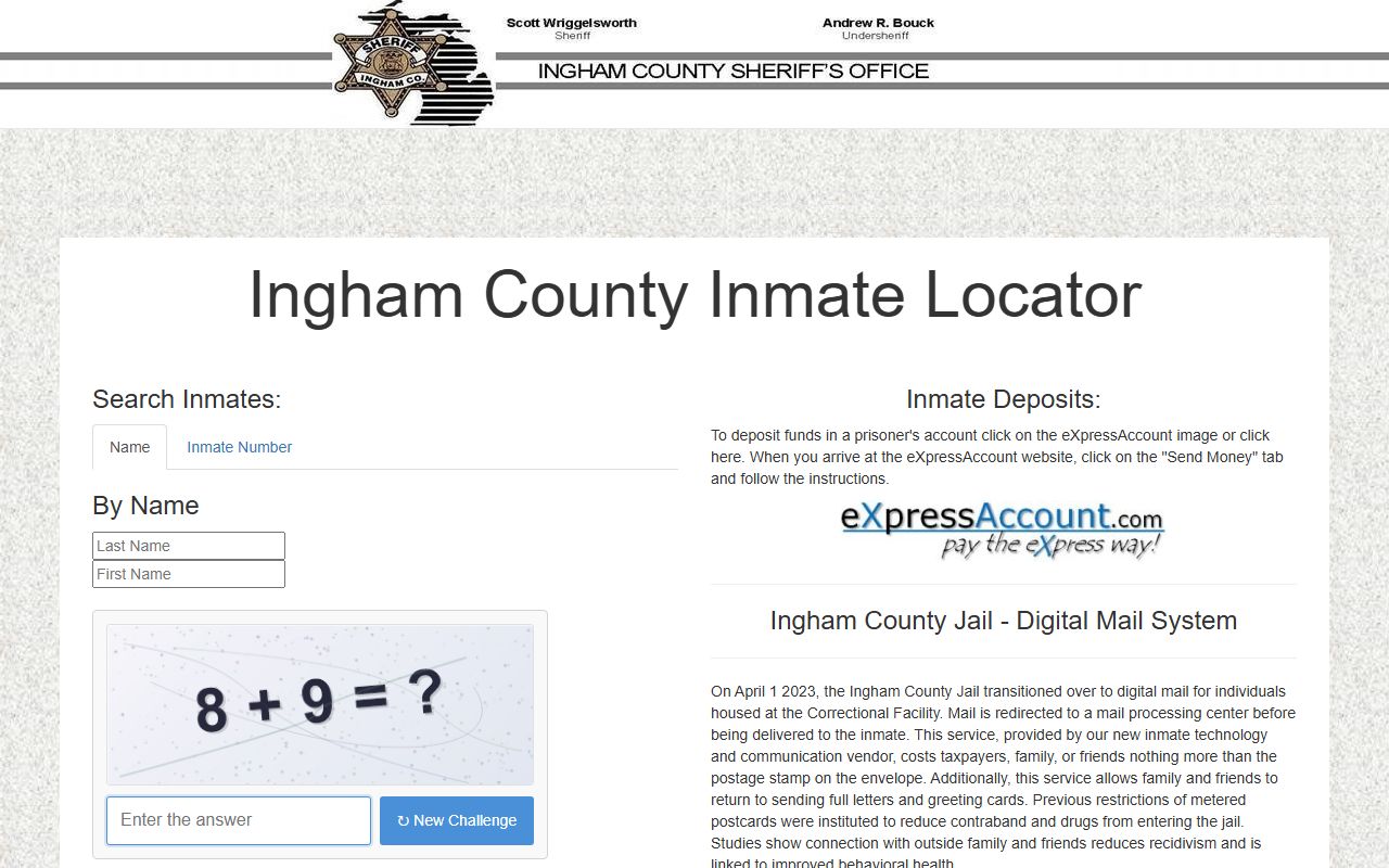 Ingham County jail information site for Lansing 72 hour booking search