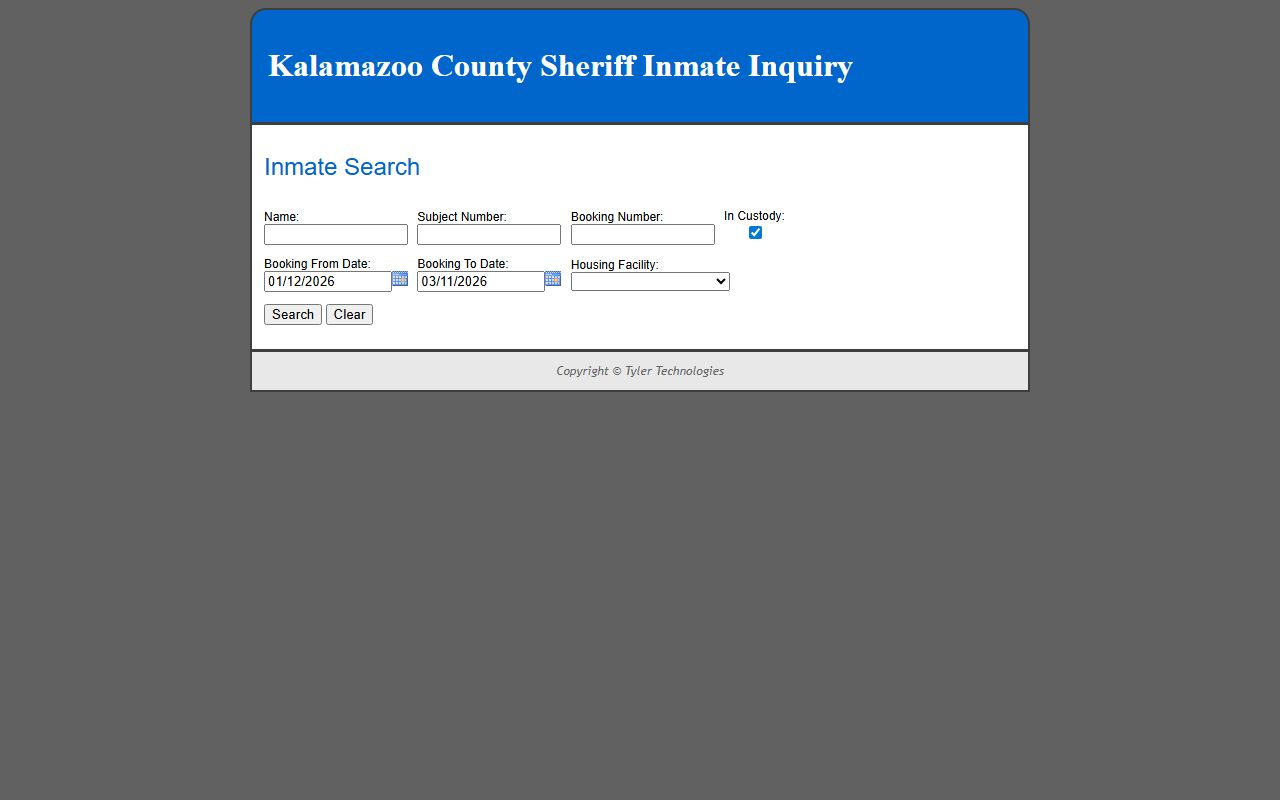 Kalamazoo County inmate inquiry for 72 hour booking search