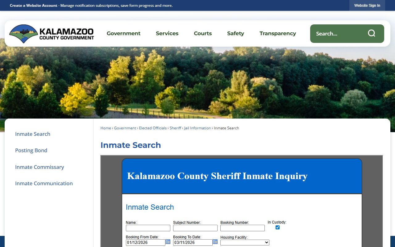 Kalamazoo County inmate search page for 72 hour booking