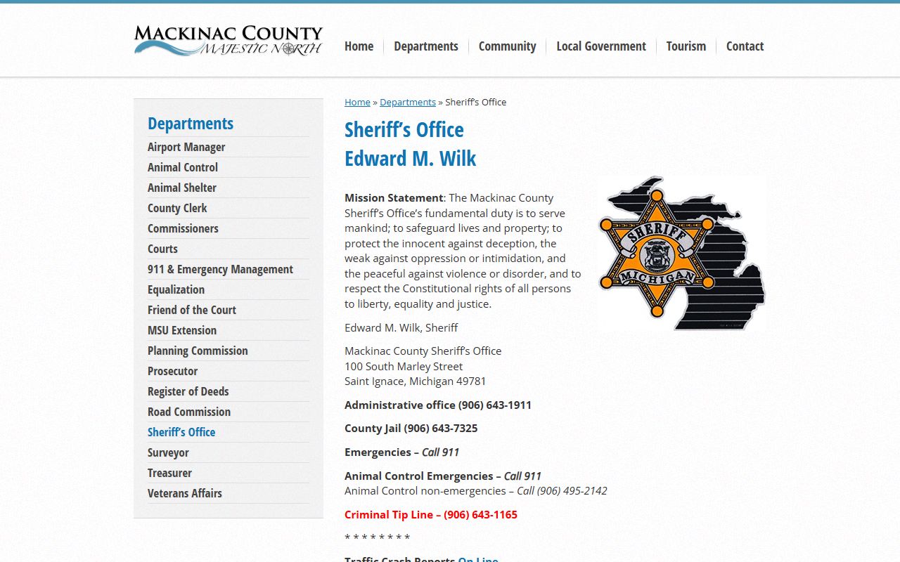 Mackinac County Sheriff Office website for 72 hour booking records