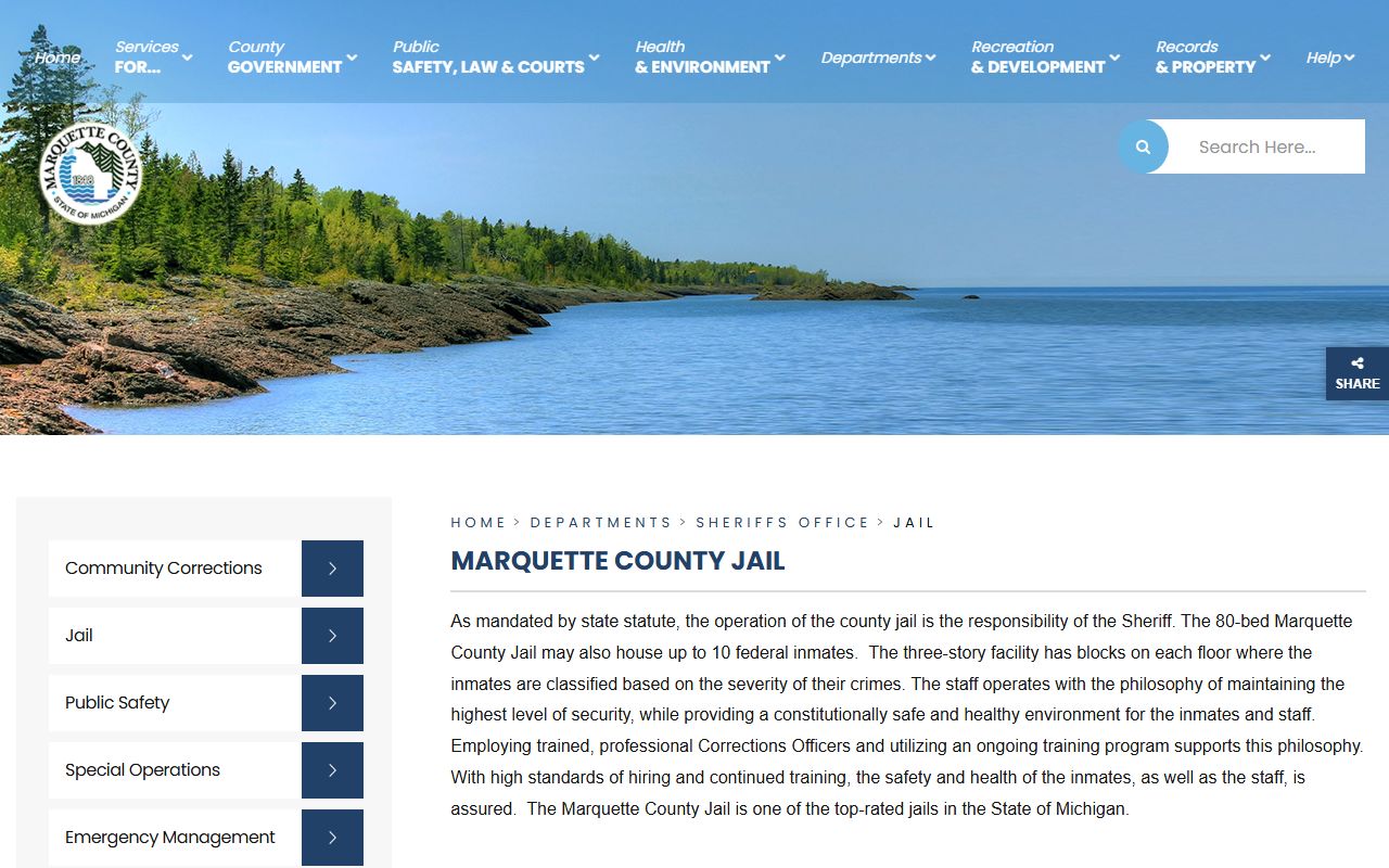 Marquette County jail services page for 72 hour booking info