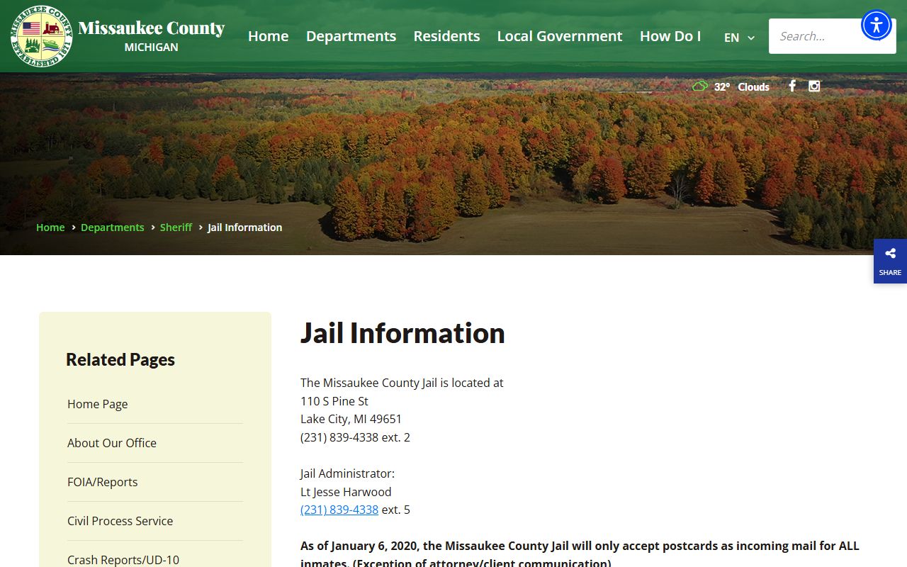 Missaukee County jail information page for 72 hour booking details