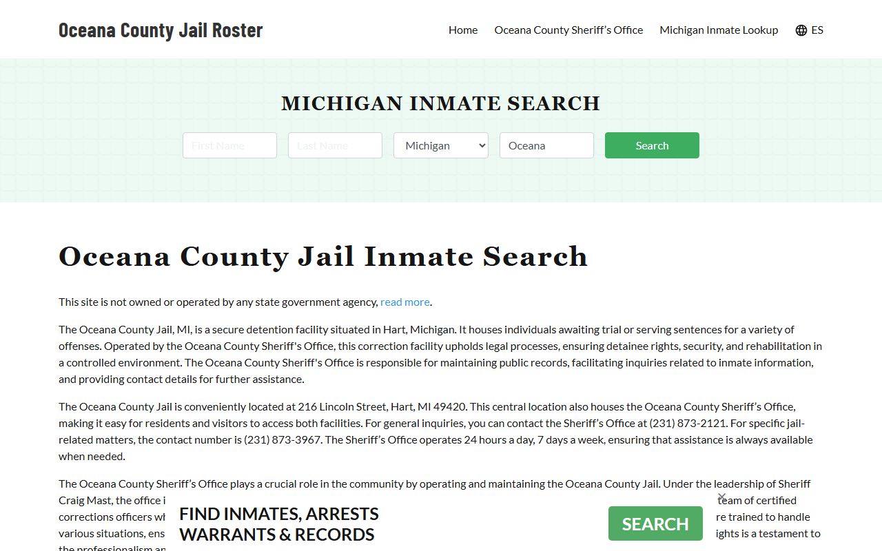 Oceana County jail roster site for 72 hour booking lookup