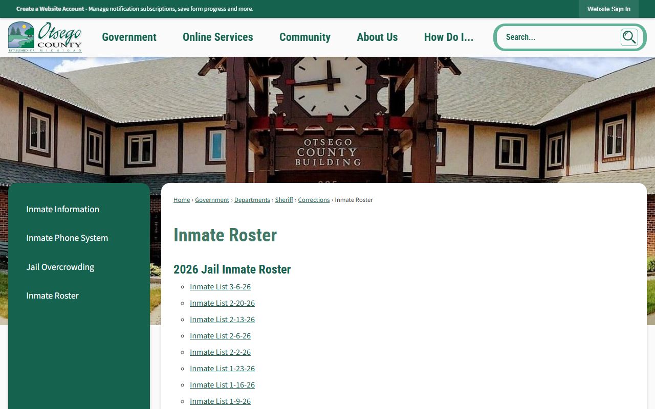 Otsego County inmate roster page for 72 hour booking search