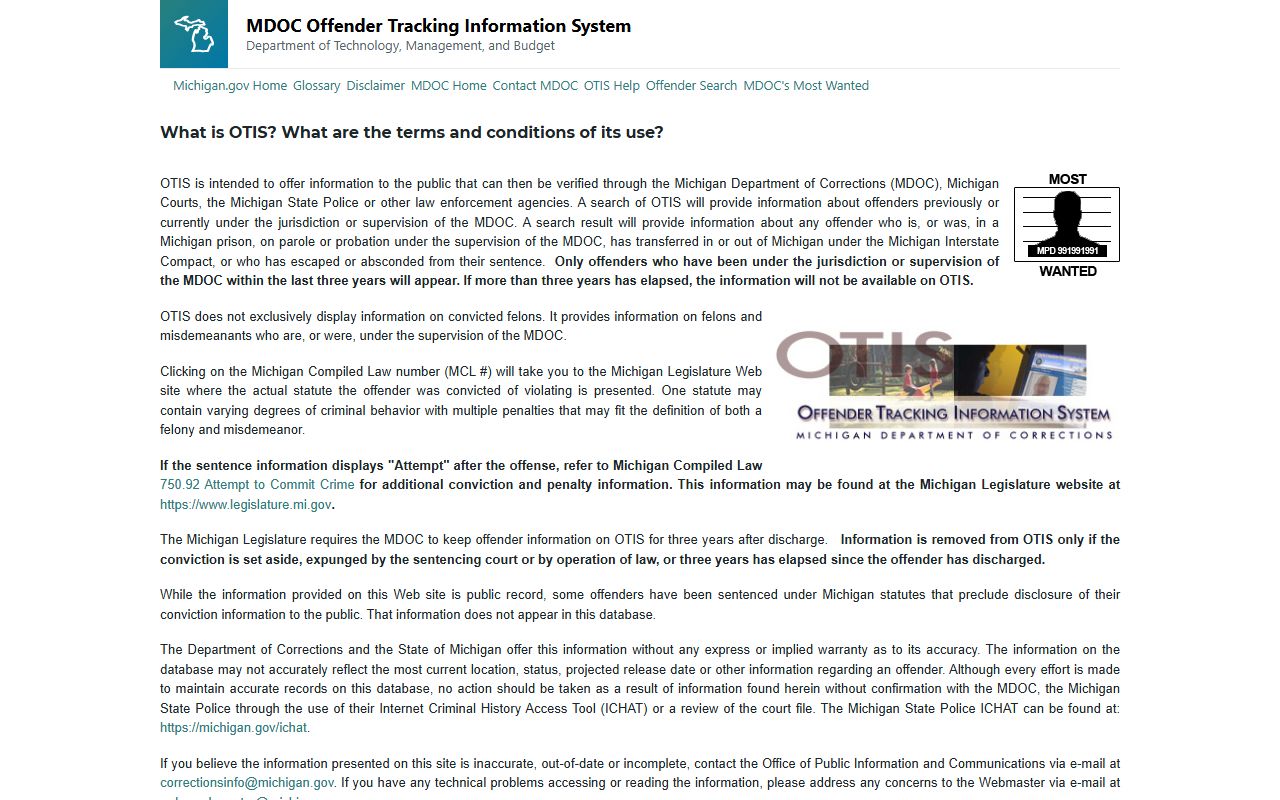 Michigan OTIS offender search portal for 72 hour booking records
